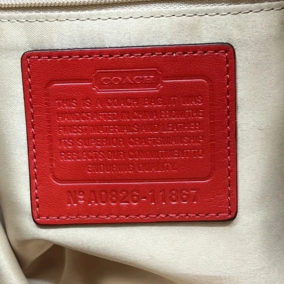 Coach Carly Signature Hobo Bag with red leather trim and gold-tone hardware. - Picture 13 of 14